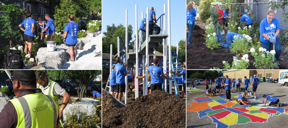 Five photos of OEG team members helping build a playground.